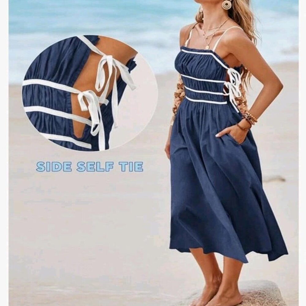 Wenrine Spaghetti Strap Tie Side Smock A Line Sundress